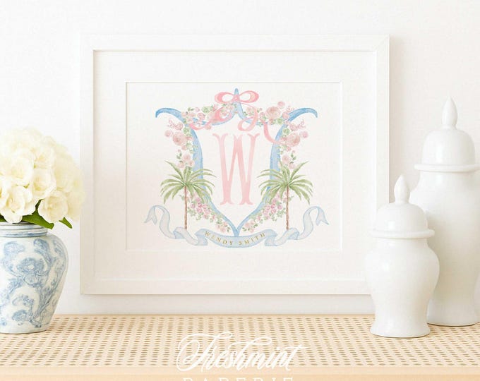 Tropical Watercolor Floral Monogram Nursery Print, Custom Name Wall Art