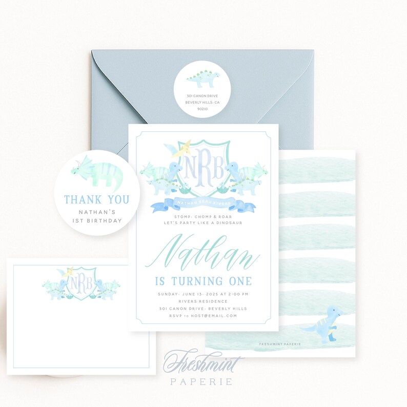 Dinosaur invitation, Rex invite, tarpits invitation, Dino Invitation, Boys invitation, Dinosaur Birthday, Watercolor Monogram, Crest image 2