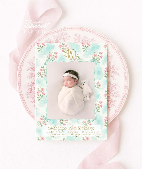 Watercolor Girl Birth Announcement, New Baby, Monogram, Pink and Aqua Bow