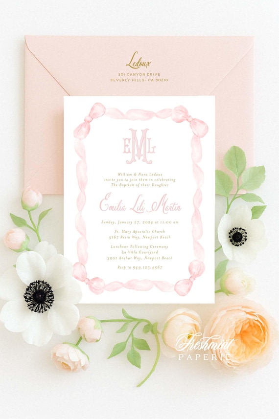 Baptism invitations, Pink Monogram invitation, Christening Invitation, Dedication invitation, Pink Bow invitation, Baby Girl Baptism