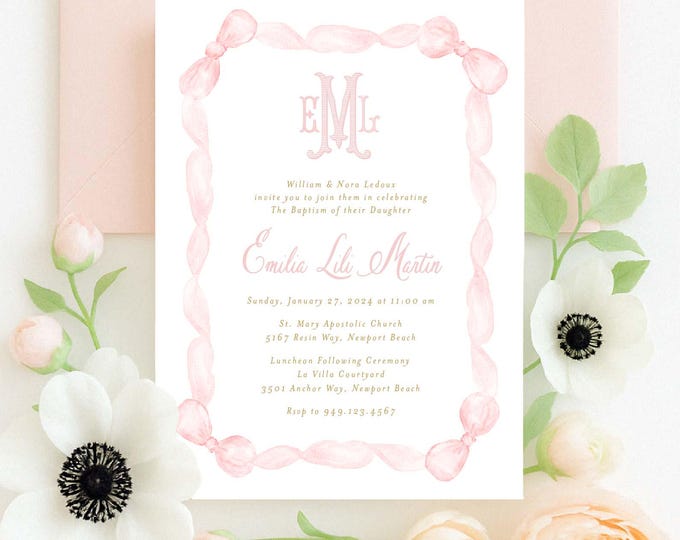 Pink Bow Baptism Invitation, Girl Monogram Christening