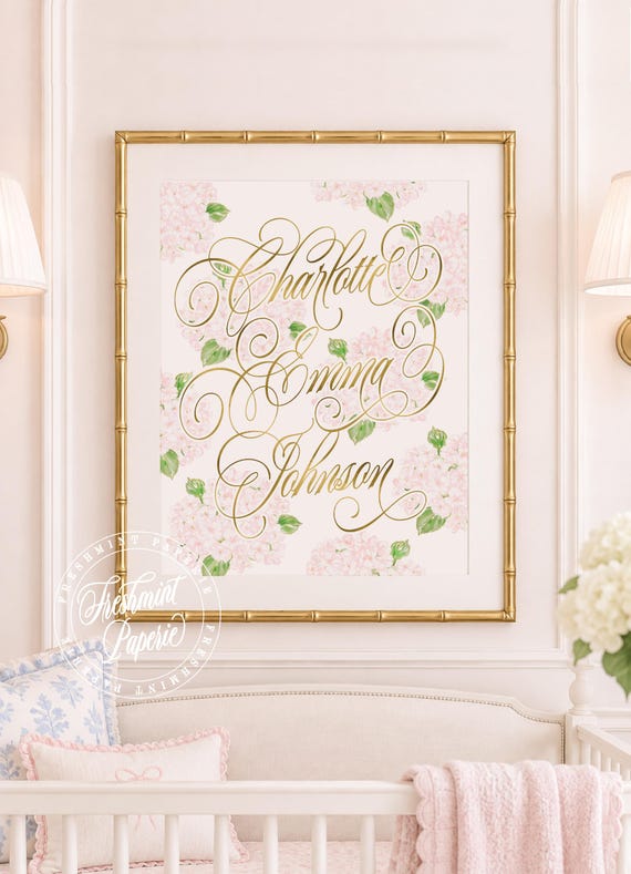 Personalized Script Name Nursery Print, Custom Wall Art, Pink Hydrangeas