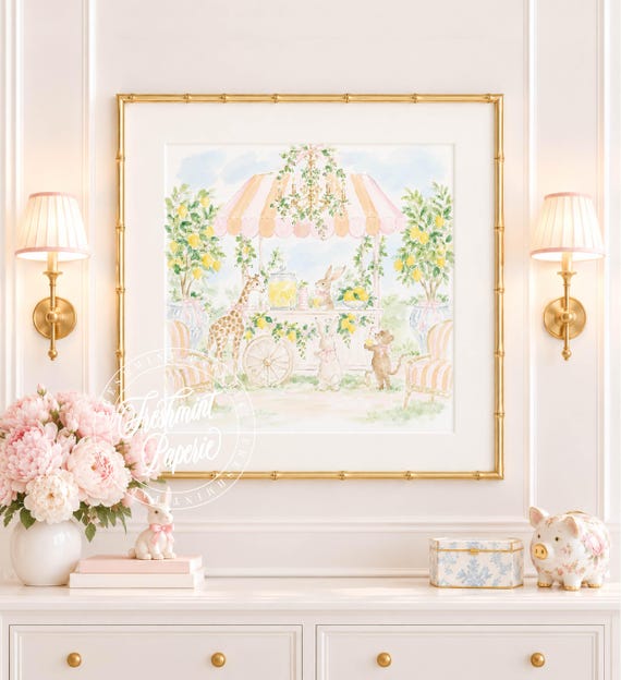 Nursery Art, Safari, Lemonade Stand, Bunny, Grandmillennial, Chinoiserie
