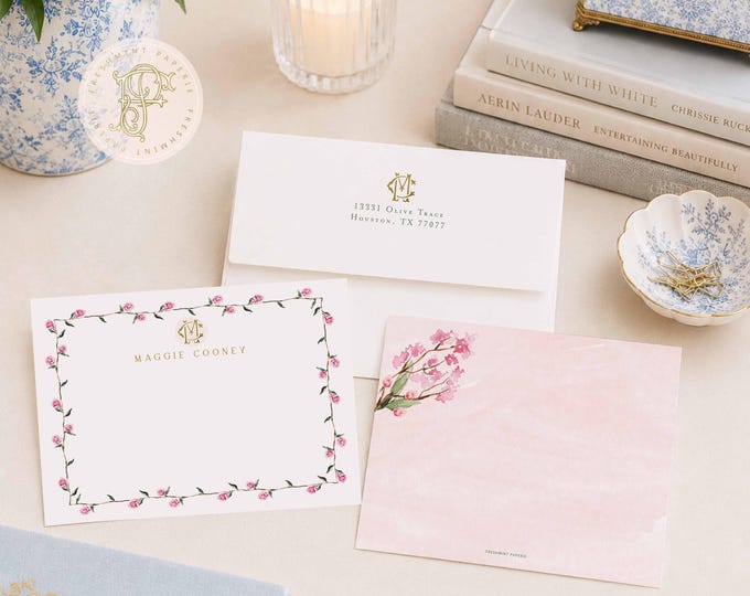 Personalized Stationery – Blush Pink Watercolor Monogram Note Cards