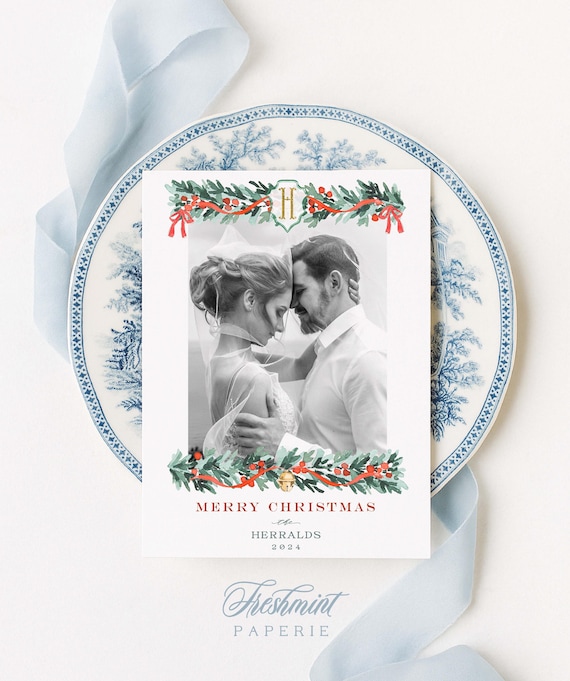 Garland Christmas Photo Cards, Red Ribbon Holiday Cards
