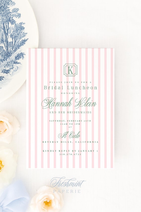 Bridal Shower Invitation, Bridal Luncheon invitation, Brunch Invitation, Monogram, Bridal Luncheon, Bridesmaids, Pink Stripes, Preppy