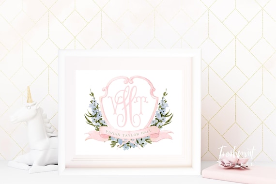 Watercolor monogram, Nursery Monogram, Pink floral Monogram, Nursery wall art, Whimsical floral nursery art, Ribbon, Baby Girl