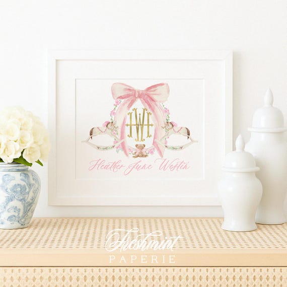 Rocking Horse wall art, Pink Rocking Horse Wall Art, Monogram nursery print, crest print, Custom nursery wall art, monogram, pink bow