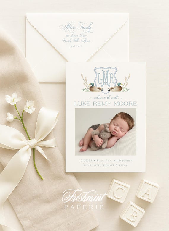 Mallard Duck Birth Announcement, Boy Birth Announcement, Birth Announcement, Monogram Birth Announcement, Welcome Baby
