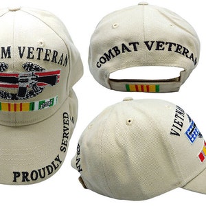 Vietnam Veteran Proudly Served Combat Veteran Ribbon Khaki Embroidered Cap Hat