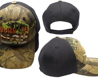 Born To Fish Forced To Work Woodland Camo Front Black Back Embroidered Cap Hat