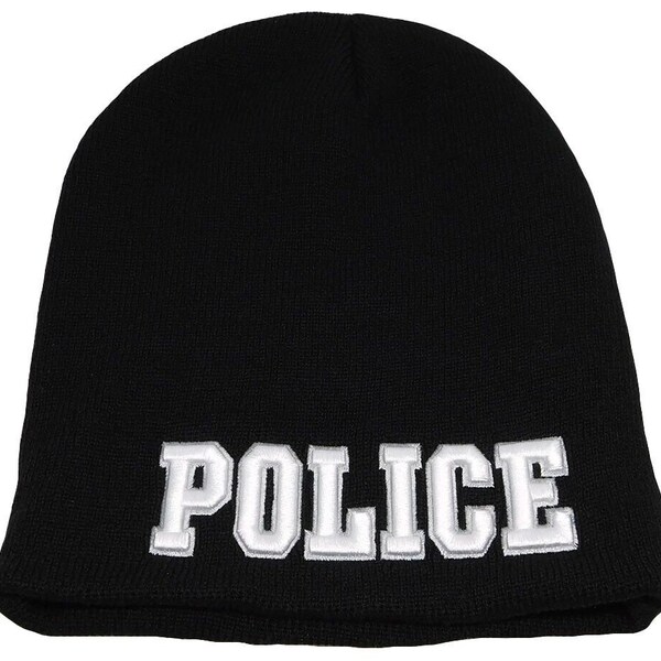 Police 3-D Black With White Letters Embroidered Beanie Skull Cap Hat