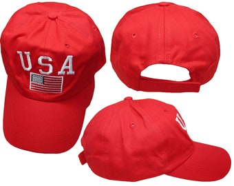 USA Letters USA Flag Red Washed Cotton Adjustable Embroidered Hat Cap