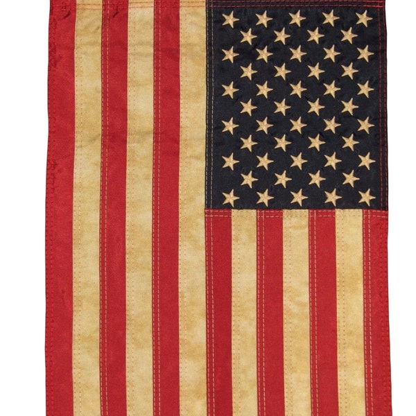 Tea Stained Applique & Embroidered American Flag Garden Flag USA 12.5" x 18"