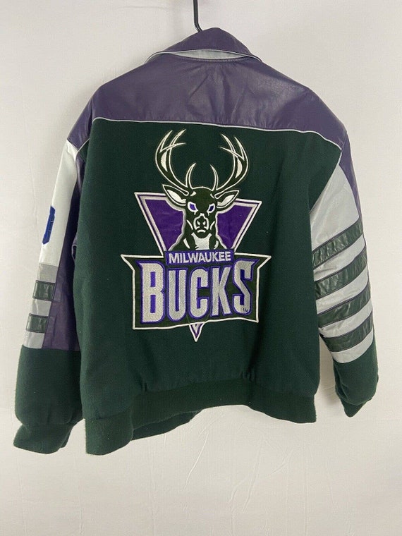 AuthenticThrowbacks Vintage 90's Milwaukee Bucks Basketball NBA Ray Allen #34 Forrest Green Purple & White Rare Lee Brand Sweatshirt (Made in Usa) (Size L)