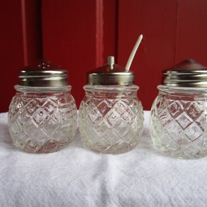 Condiment Set Vintage Chrome and Glass Set Three Jars with Stand Original Box
