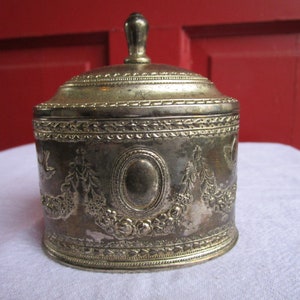 Vintage Trinket Box Silverplate Oval Shaped Red Velvet Lined Trinket Box Intricate Detailed Silverplate Box