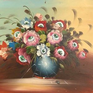 May include: A painting of a bouquet of flowers with eyes in the center of each bloom. The flowers are in a blue vase with a spider web design. The background is a light blue and yellow gradient.