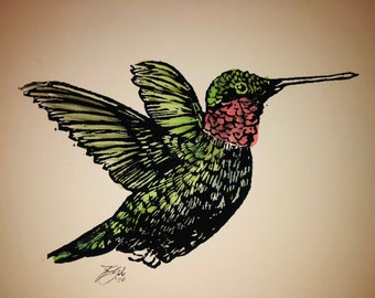 Ruby throated Hummingbird art 12 x 12” linocut print hand printed hand colored art