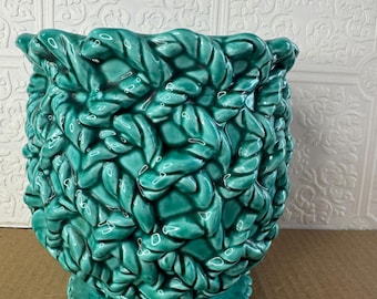 vintage Inarco Japan E-3052 pedestal planter in a glossy teal rope design