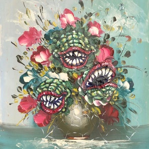Thrift store rehab altered art Audrey 2 man eating plant bouquet paper art print