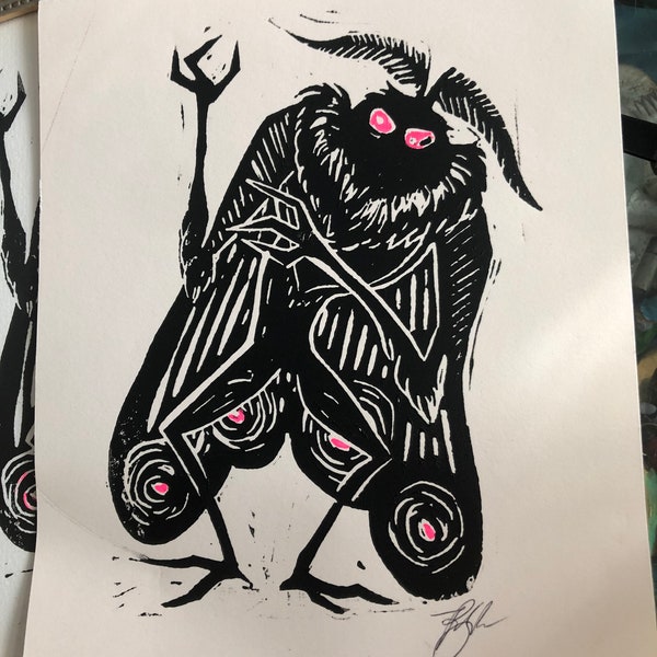 Mothman art linocut print hand printed hand colored art print