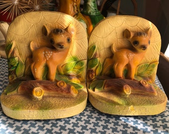 Vintage chalkware deer bookends fawn figurines big head deer Midcentury sculpture