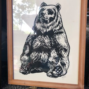 Chubby bear linocut art print hand printed
