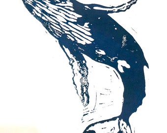Impresión artística en linograbado de ballena jorobada impresa a mano