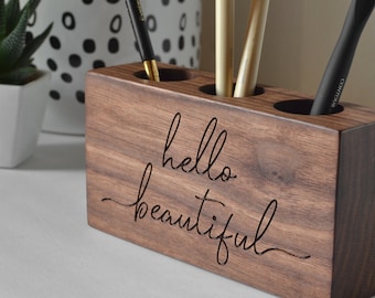Makeup Brush Holder | Engraved Solid Walnut Wood | Beauty Stand | Organizer | Makeup Storage | Gift for Her | Wife | Daughter | Mom