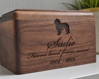Pet Urn, Memorial Box, Personalized Dog Breed Silhouette, Walnut Wood, Cremation Urn