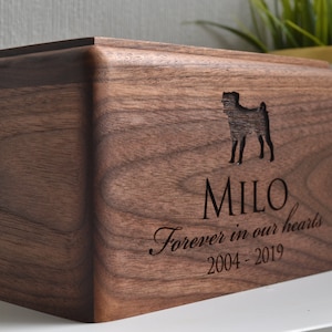 Personalized Dog Breed Silhouette, Cat, Wood Pet Urn, Memorial Box, Walnut, Cherry, Cremation Urn