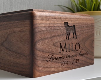 Personalized Dog Breed Silhouette, Cat, Wood Pet Urn, Memorial Box, Walnut, Cherry, Cremation Urn