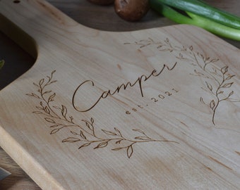Hardwood Cutting Board | Personalized | Custom Engraved | Botanical | Wedding Gift | Mother's Day | Paddle Board
