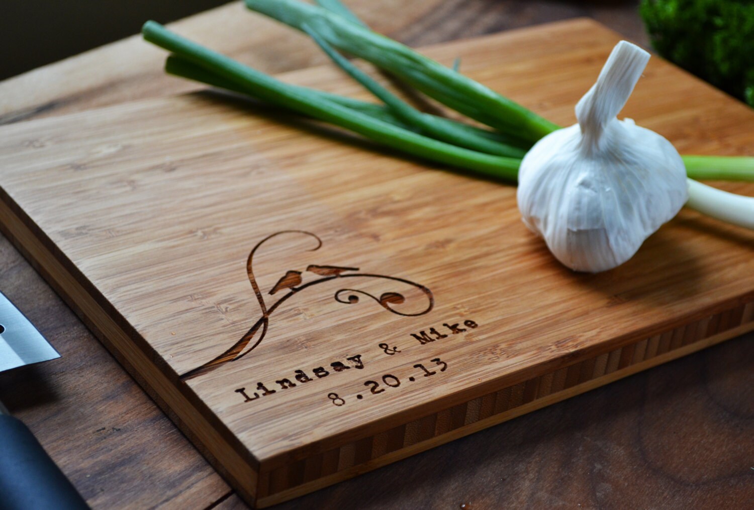 Personalized Cutting Cheese Board Love Birds Zoom