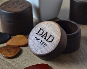 Personalized Walnut Wood Box and 4 Hardwood Guitar Picks | Dad | Husband | Music Gift | Father's Day