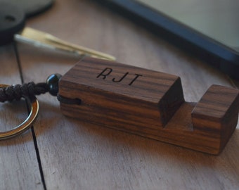 Personalized Phone Holder Keychain | Custom Engraved | Boyfriend Gift | Gift for Him | Walnut Phone Stand