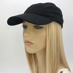 100% Human Hair! Chemo Hat. Women&#39;s black baseball hat with Hair attached. Perfect for those who have lost their hair due to chemotherapy