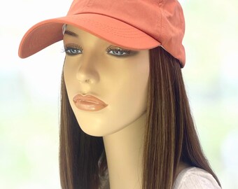 100% Human Hair! Chemo Hat. Women&#39;s Orange hat with Hair attached. Perfect for those who have lost their hair due to chemotherap