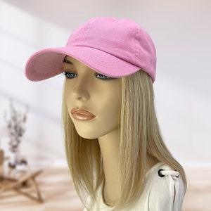 100% Human Hair! Chemo Hat. Women&#39;s Pink hat with Hair attached. Perfect for those who have lost their hair due to chemotherap