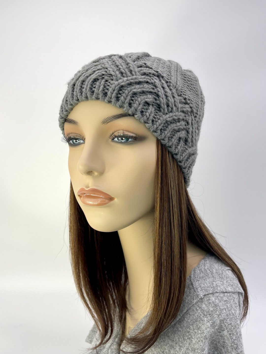 Gray Knit Beanie With 100 Human Hair Attached. Perfect for Those Who