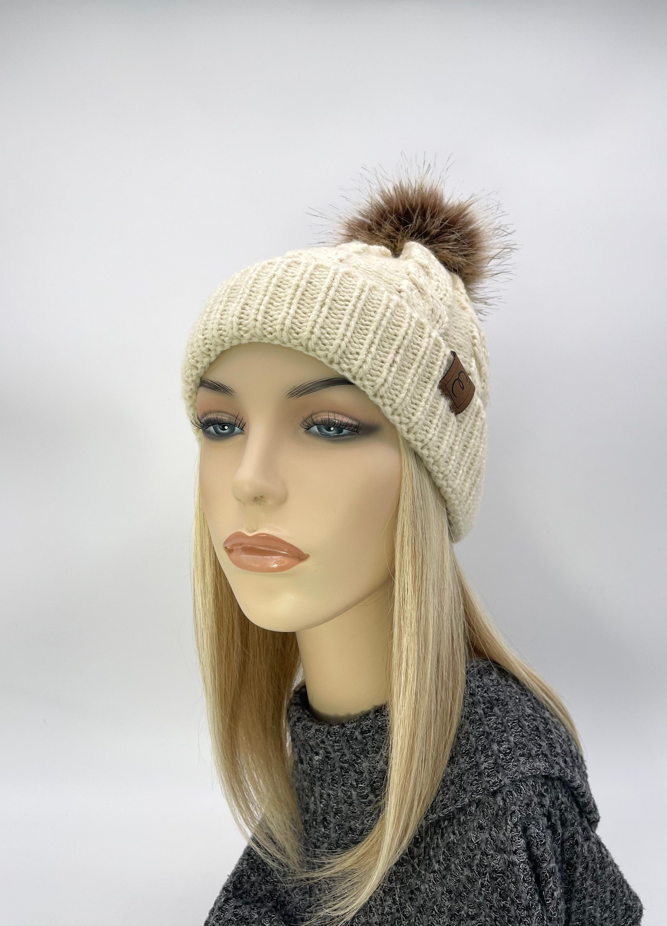 100% Human Hair! Chemo Hat. Fall/winter Light Khaki Knit Pom 