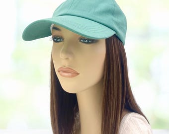 100% Human Hair! Chemo Hat. Women&#39;s Green hat with Hair attached. Perfect for those who have lost their hair due to chemotherap