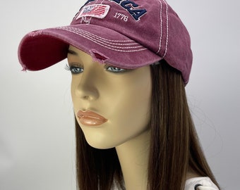 100% Human Hair! Chemo Hat. Women&#39;s Burgundy America hat with Hair attached. Perfect for those who have lost their hair due to chemotherap