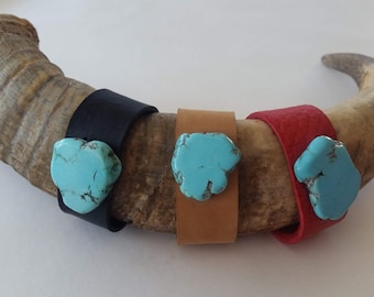 Leather Wrist Cuff with Turquoise Stone, Red Leather Cuff w/ Turquoise, Tan Leather Cuff w/ Turquoise, Black Leather Cuff w/ Turquoise