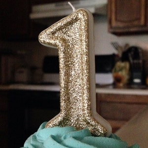 3 inch tall sparkly gold glitter birthday candle - any number