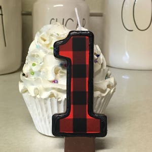 3 inch tall Buffalo Plaid/Lumberjack themed birthday candle- any number!