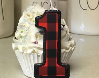 3 inch tall Buffalo Plaid/Lumberjack themed birthday candle- any number!