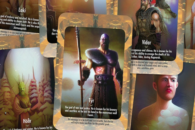 May include: A set of ten illustrated cards featuring Norse gods. Each card has a colorful illustration of a god and a description of their powers and attributes. The cards are printed on a textured, gold-colored background.