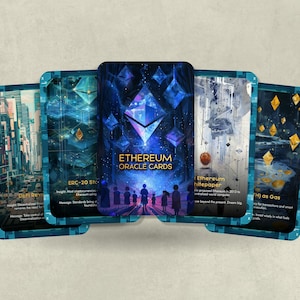 May include: Five blue and gold oracle cards with a futuristic city theme. The cards feature images of a city skyline, a network of interconnected nodes, a blue Ethereum logo, a city with a white building, and a network of gold nodes. The cards are titled "Ethereum Oracle Cards".